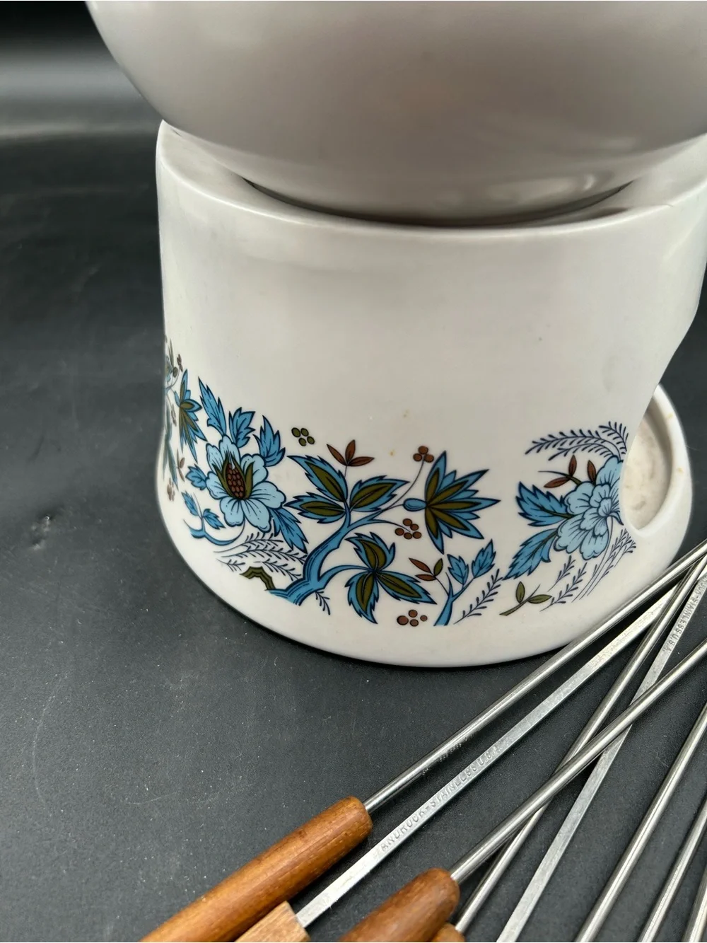 Vintage Noritake blue moon Fondue Set with Wooden Skewer Handles